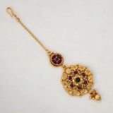 Antique Gold Floral Kemp Stone Maang Tikka