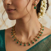 Antique Gold Plated Kemp Stone Bell Necklace Set - Green