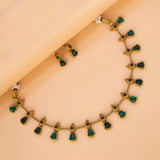 Antique Gold Plated Kemp Stone Bell Necklace Set - Green
