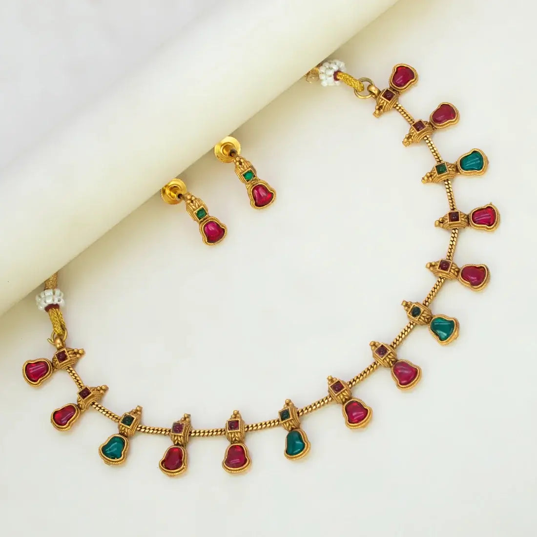 Antique Gold Plated Kemp Stone Bell Necklace Set - Multi colour