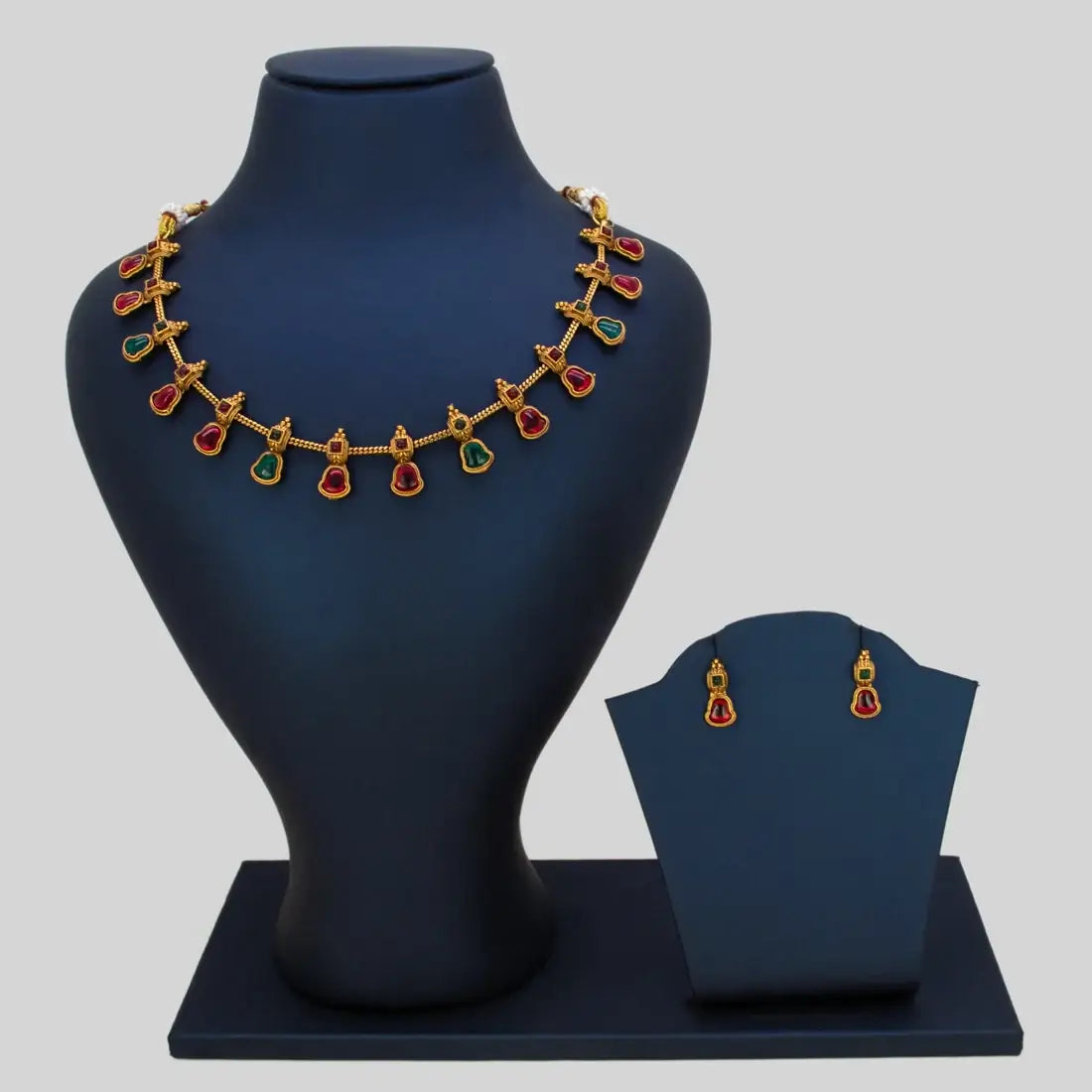 Antique Gold Plated Kemp Stone Bell Necklace Set - Multi colour