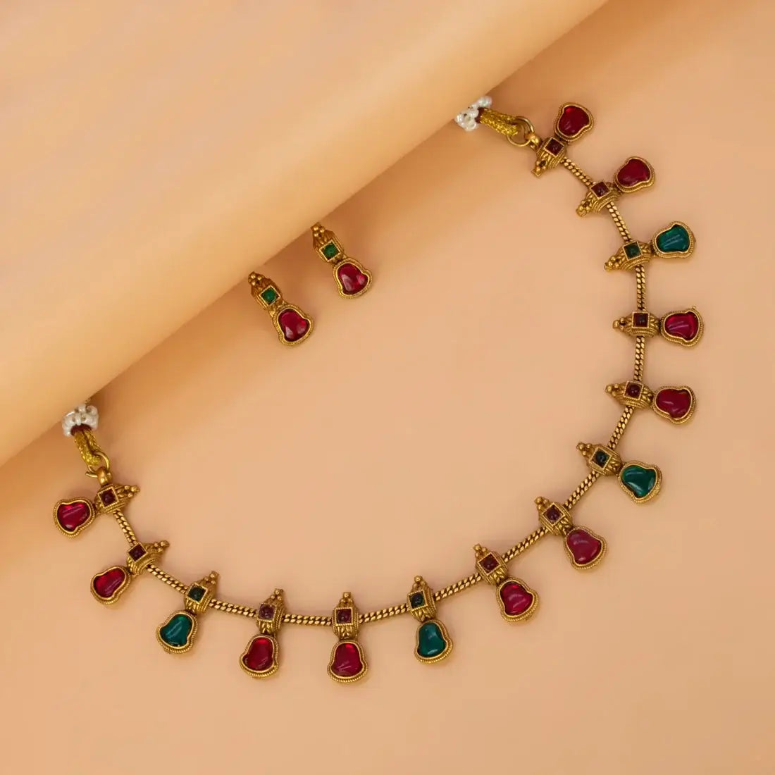 Antique Gold Plated Kemp Stone Bell Necklace Set - Multi colour