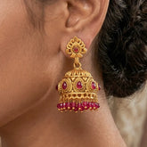 Antique Matte Kemp Stone Crystal Hanging Jhumka -Ruby Red