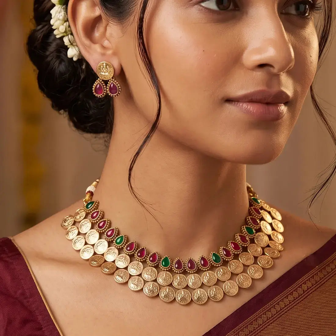 Antique Kemp Stone Lakshmi Kasu Choker Set showcasing kemp stones and Lakshmi coins in traditional South Indian design.