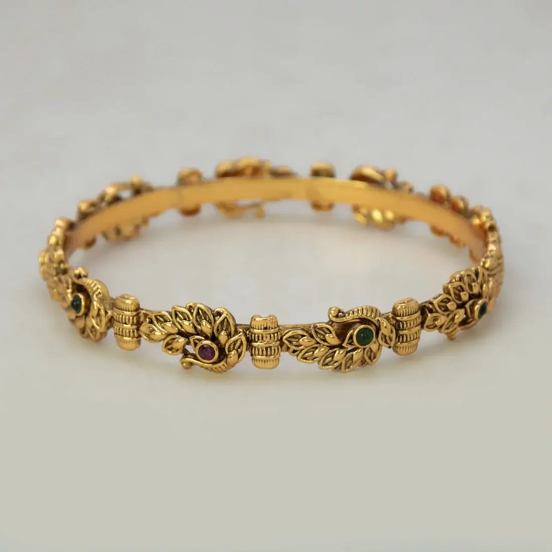 Antique Multi-colour Kemp Stone Peacock Bangle showcasing intricate peacock design and vibrant kemp stones.