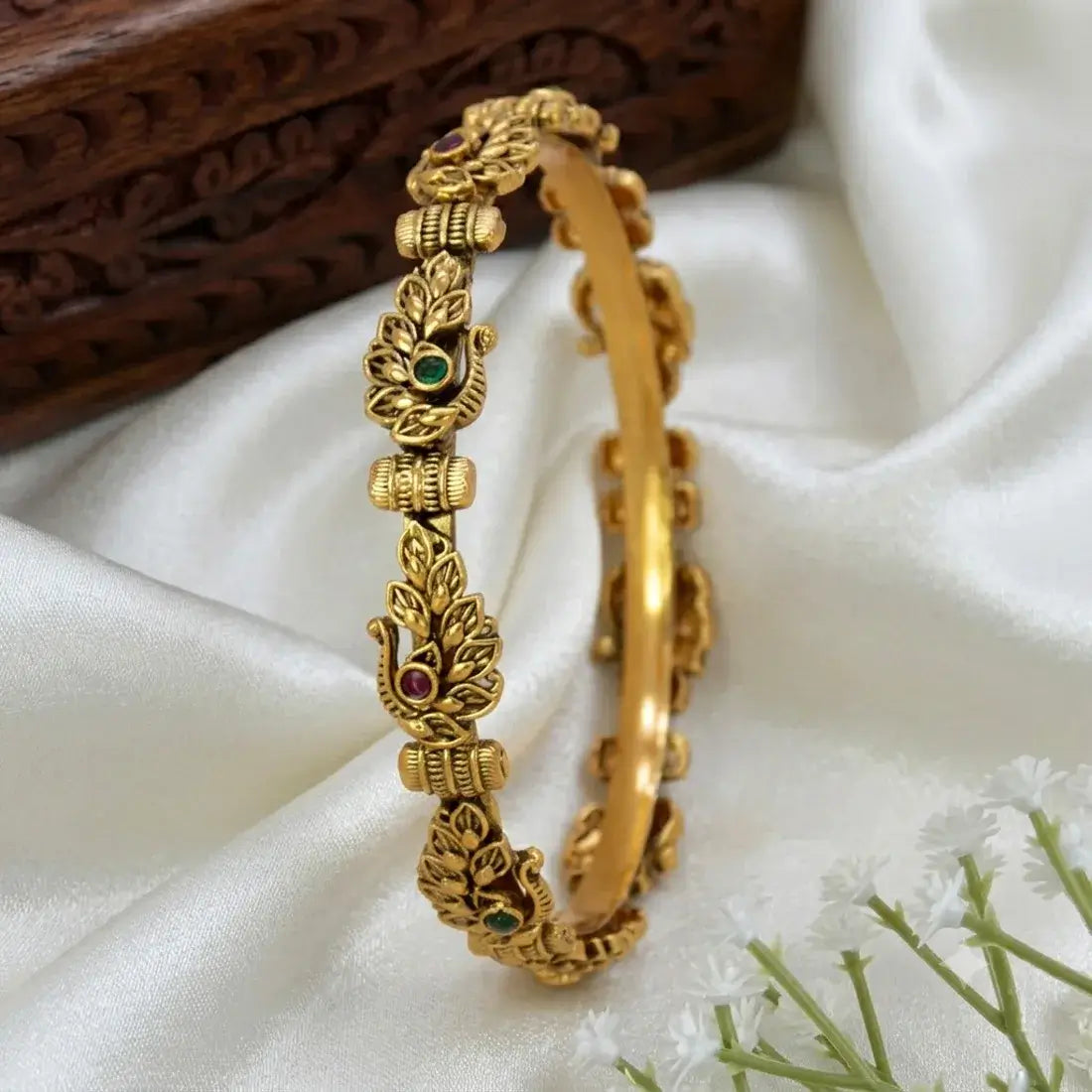 Antique Multi-colour Kemp Stone Peacock Bangle showcasing peacock design with kemp stones and antique gold finish.