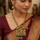 Antique Temple Gajalakshmi Pendant Necklace Set - Green