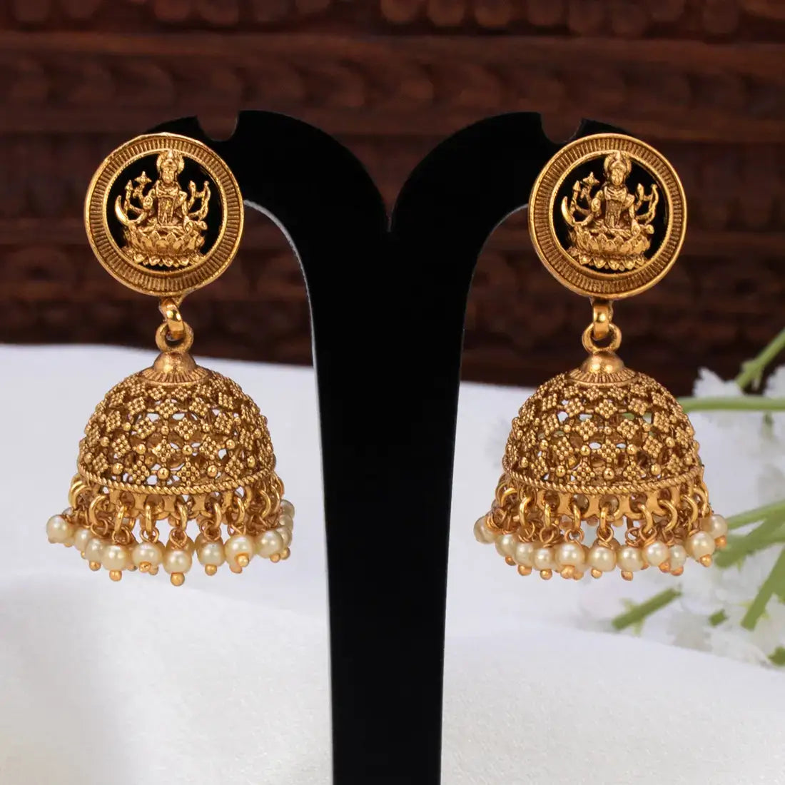 Antique Matte Lakshmi Temple Jhumka featuring intricate design and pearl embellishments, perfect for traditional occasions.