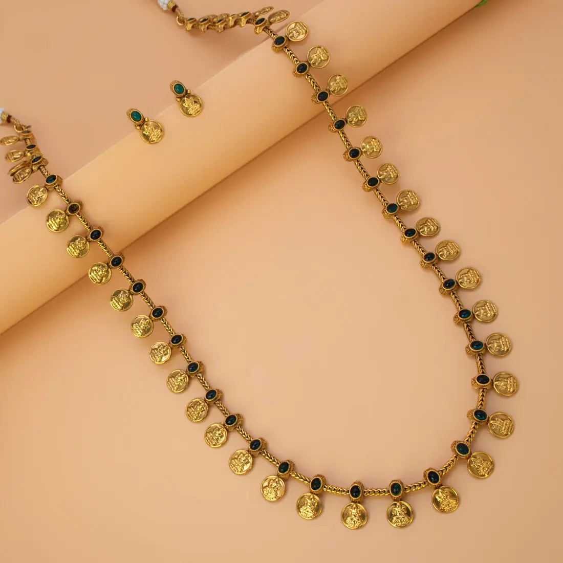 Antique Kemp Stone Lakshmi Kasu Long Necklace Set - Green
