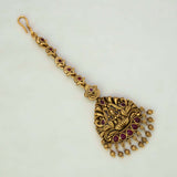 Antique Lakshmi Peacock Kemp Stone Maang Tikka - Ruby red