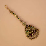 Antique Lakshmi Peacock Kemp Stone Maang Tikka -Multicolour