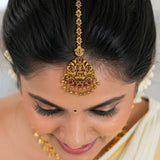 Antique Lakshmi Peacock Kemp Stone Maang Tikka - Ruby red
