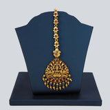 Antique Lakshmi Peacock Kemp Stone Maang Tikka - Ruby red