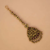 Antique Lakshmi Peacock Kemp Stone Maang Tikka - Ruby red