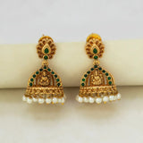 Antique Gold Plated Kemp Lakshmi Temple Jhumka - Green