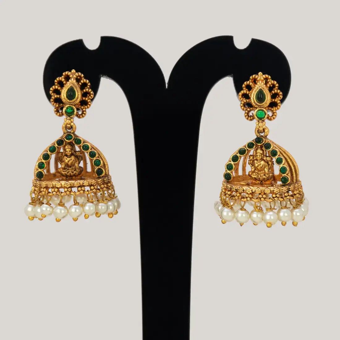 Antique Gold Plated Kemp Lakshmi Temple Jhumka - Green