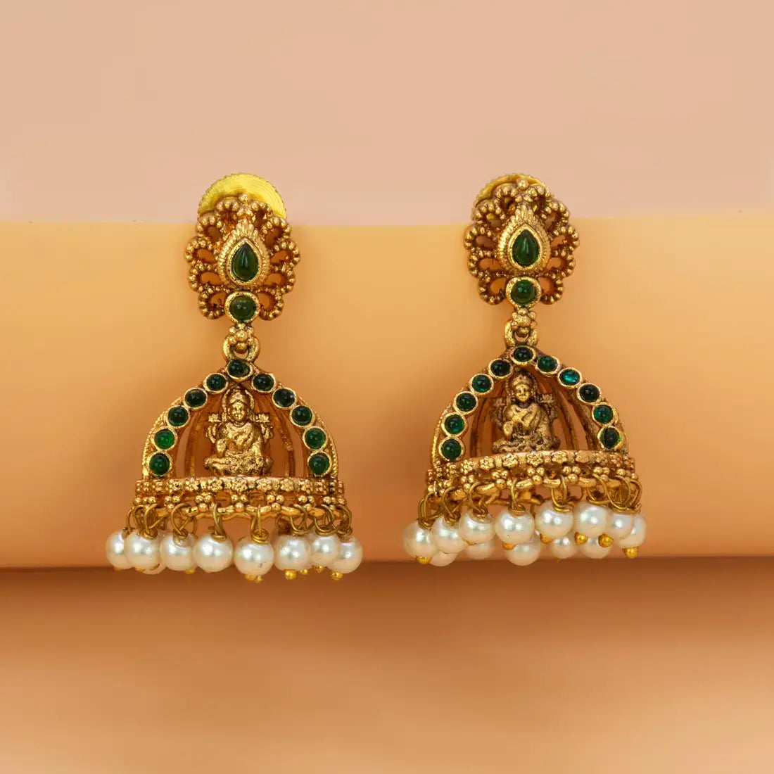 Antique Gold Plated Kemp Lakshmi Temple Jhumka - Green
