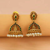 Antique Gold Plated Kemp Lakshmi Temple Jhumka - Green