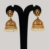 Antique Gold Plated Kemp Lakshmi Temple Jhumka - Multi-colour