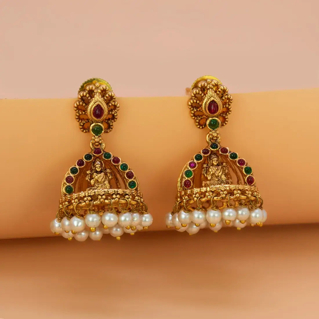 Antique Gold Plated Kemp Lakshmi Temple Jhumka - Multi-colour