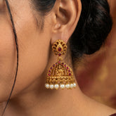 Antique Gold Plated Kemp Lakshmi Temple Jhumka - Ruby Red