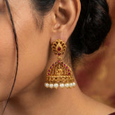 Antique Gold Plated Kemp Lakshmi Temple Jhumka - Ruby Red