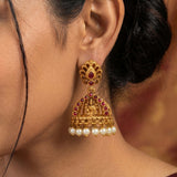 Antique Gold Plated Kemp Lakshmi Temple Jhumka - Ruby Red