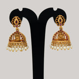 Antique Gold Plated Kemp Lakshmi Temple Jhumka - Ruby Red