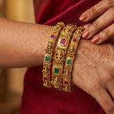 Antique Gold Plated Lakshmi Multi-Colour Stone Bangle Set