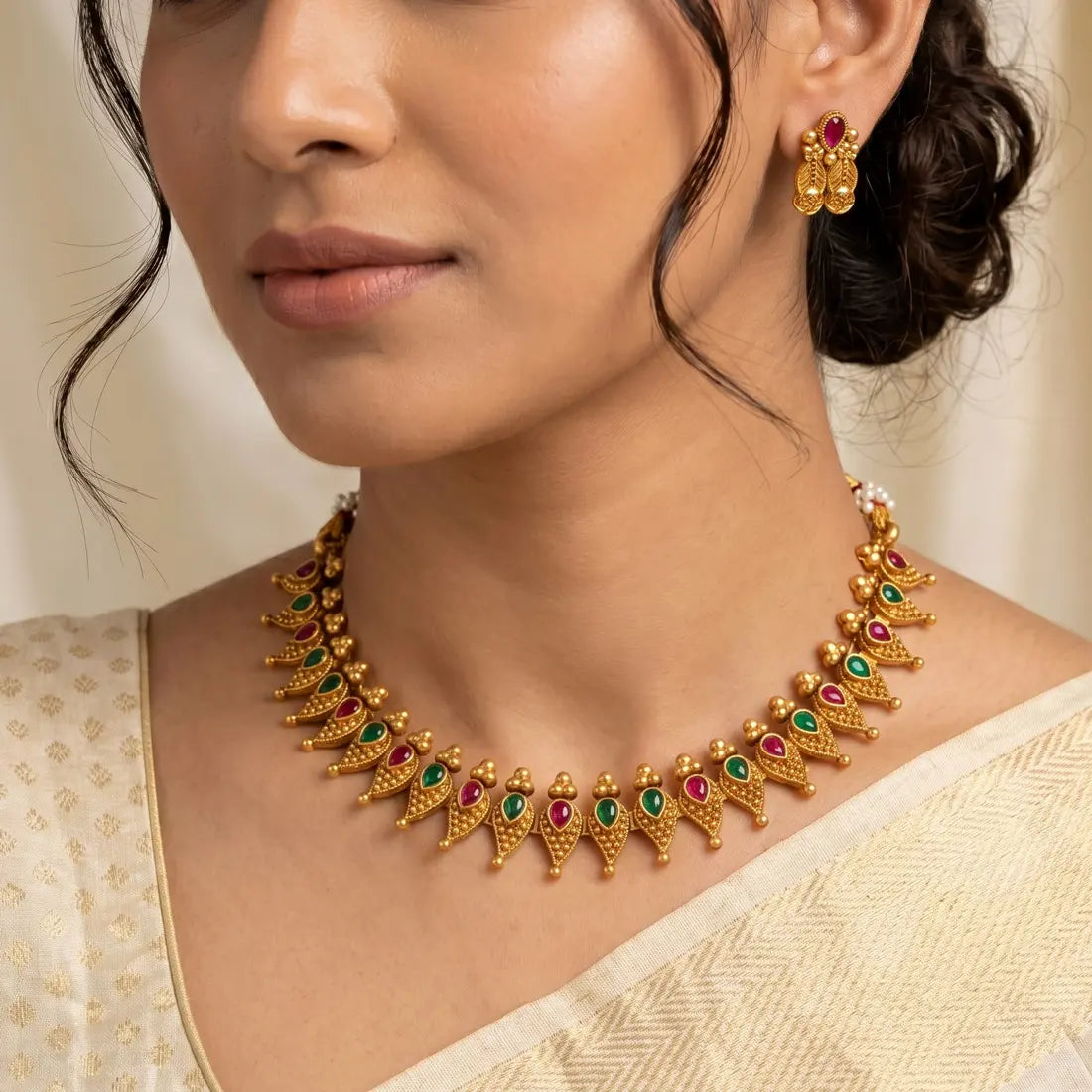 Antique Mango Design Kemp Stone Necklace Set - Multi colour