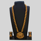 Antique Peacock Kemp Stone Long Chain Set displayed with intricate detailing and vibrant Kemp stones on a black stand.