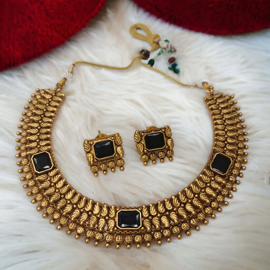 Antique Gold Plated Peacock Design Black Stone Choker Set