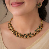 Antique Gold Plated Leaf Kemp Stone Necklace Set- Green