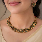 Antique Gold Plated Leaf Kemp Stone Necklace Set- Green