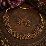 Antique Gold Plated Leaf Kemp Stone Necklace Set- Multi