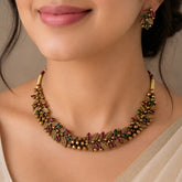 Antique Gold Plated Leaf Kemp Stone Necklace Set- Multi