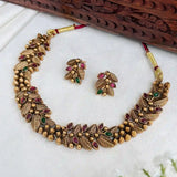 Antique Gold Plated Leaf Kemp Stone Necklace Set- Multi