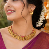 Antique Kemp Stone Elakkathali Necklace Set-Ruby