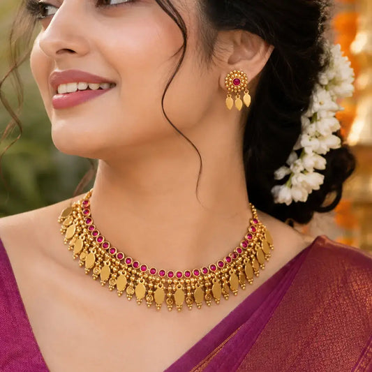 Antique Kemp Stone Elakkathali Necklace Set-Ruby