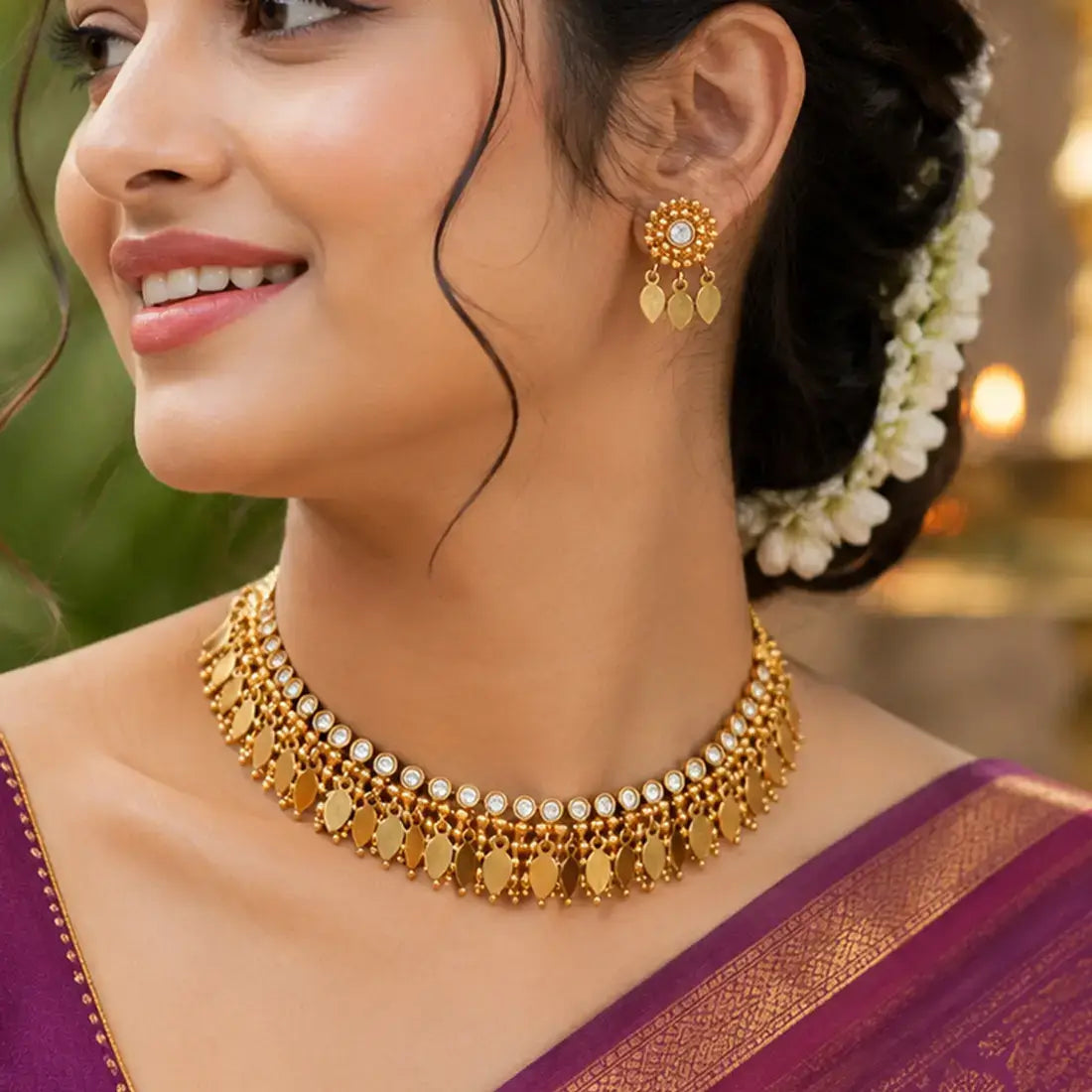 Antique Kemp Stone Elakkathali Necklace Set-White