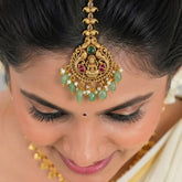 Antique Lakshmi Kemp Stone Pearl Hanging Maang Tikka