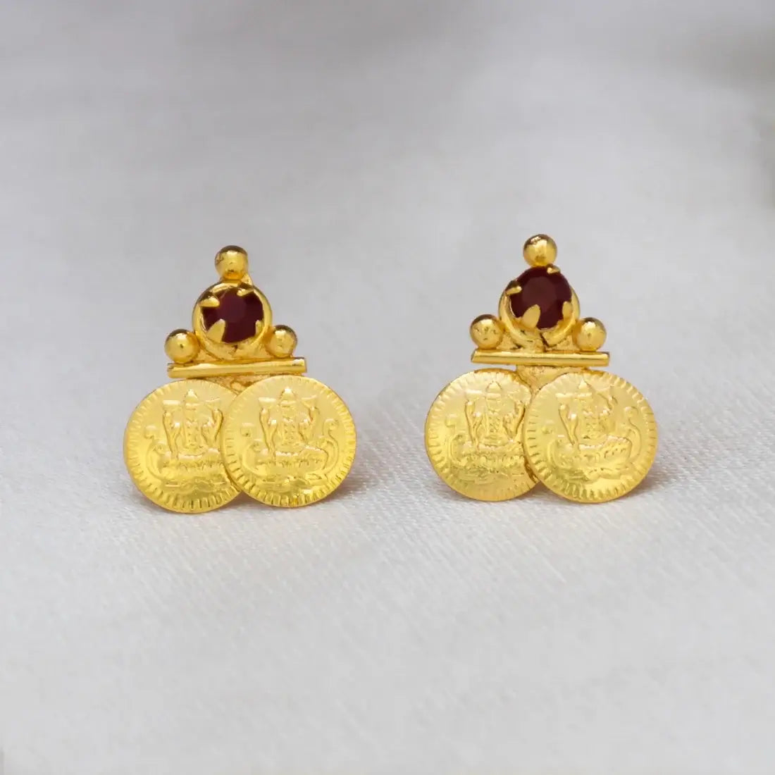 Gold Plated Lakshmi Kasu Red Stone Stud Earrings