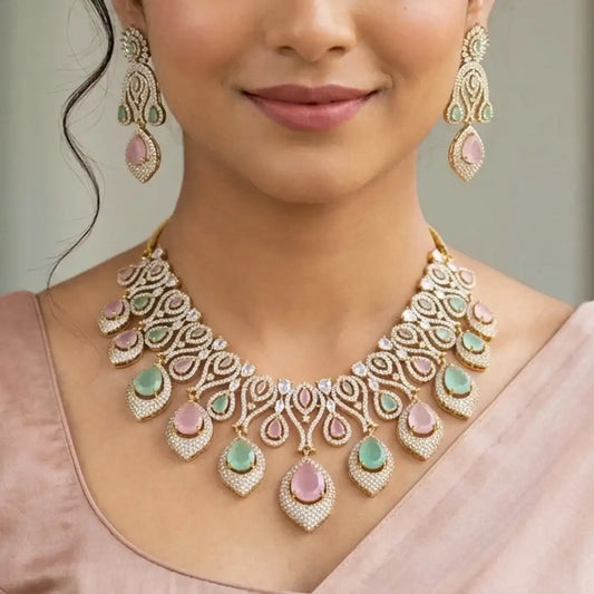 Victorian CZ Pastel Stone Necklace Setworn by a model, showcasing cubic zirconia stones and pastel stone drops.