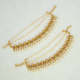 Floral Gold Plated Ruby Emerald CZ Pearl Ear Chain with gold motifs, pearls, and colorful stones for bridal elegance.