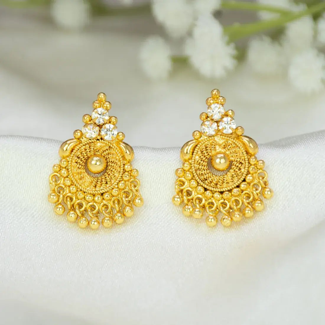 Gold Plated Bead Hanging Mesh CZ Stone Studs featuring intricate textured gold and sparkling cubic zirconia.