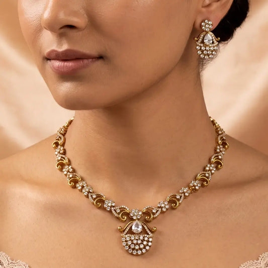 Antique Gold Scroll Design CZ Stone Victorian Necklace Set displayed on a model, showcasing intricate filigree and sparkling CZ stones.