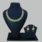 Grand Gold Plated CZ Pastel Green Necklace Set displayed on a black jewelry stand, featuring floral designs and sparkling stones.