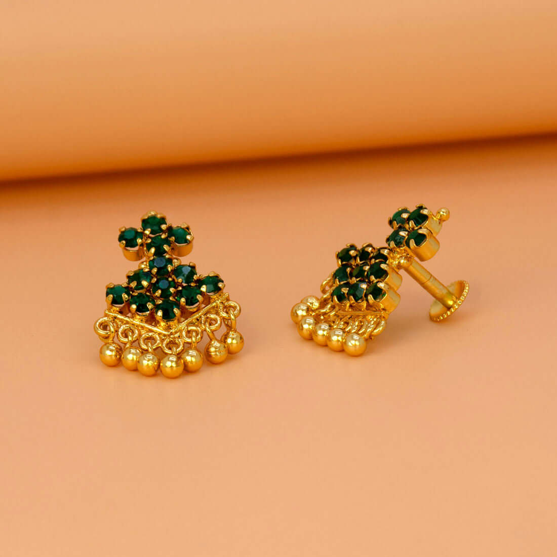 Classic Gold Plated Stone Adiga Ear Studs - Green