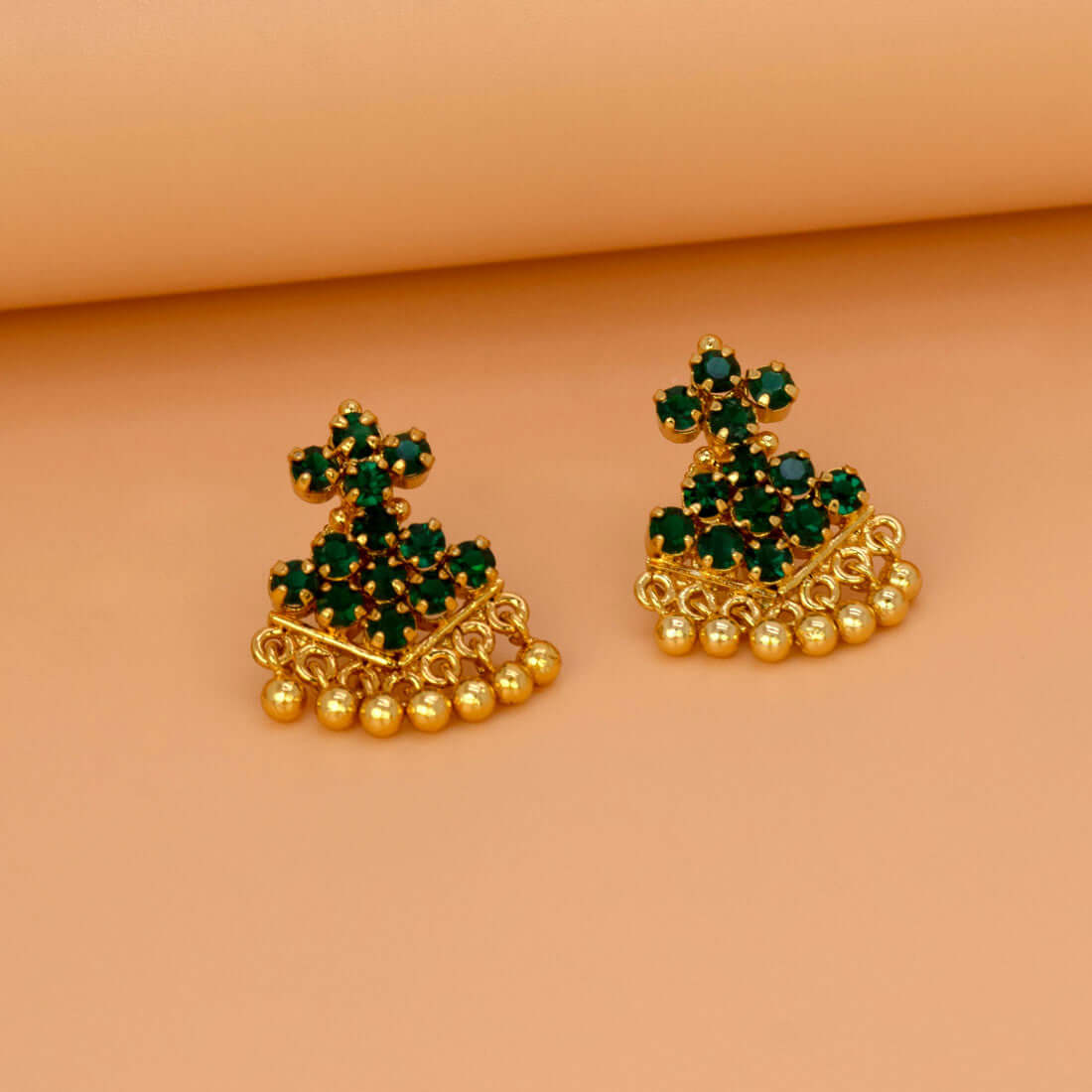 Classic Gold Plated Stone Adiga Ear Studs - Green