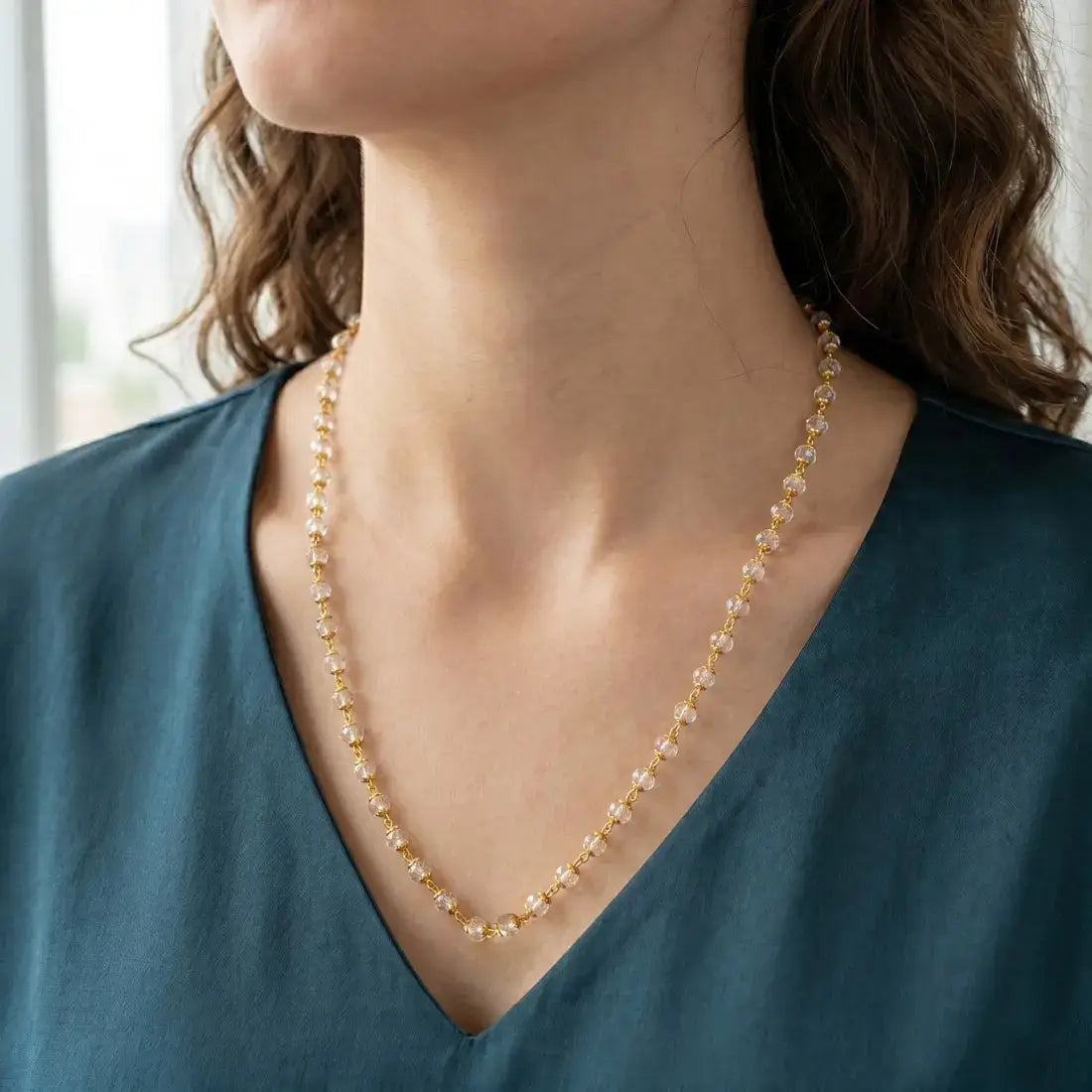 Gold-Plated Clear White Crystal Bead Chain